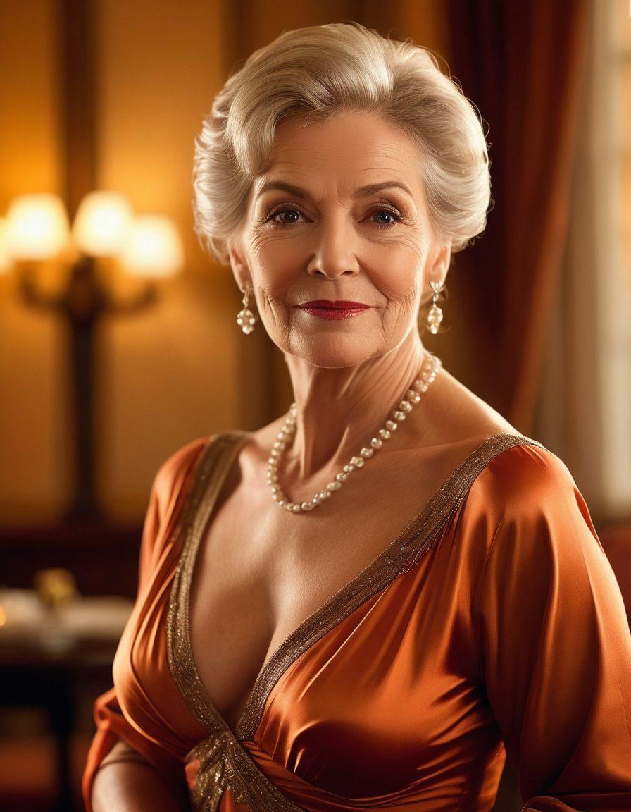 A captivating scene depicting an elegant older woman exuding confidence and allure, surrounded by soft, warm lighting that enhances her features. She is engaged in a passionate dance, conveying intimacy and allure, with a backdrop of a luxurious, tastefully decorated room. Include subtle hints of adult entertainment elements such as films and music, without being explicit. The overall atmosphere should be inviting and romantic. super-realistic. warm colors. soft focus.
