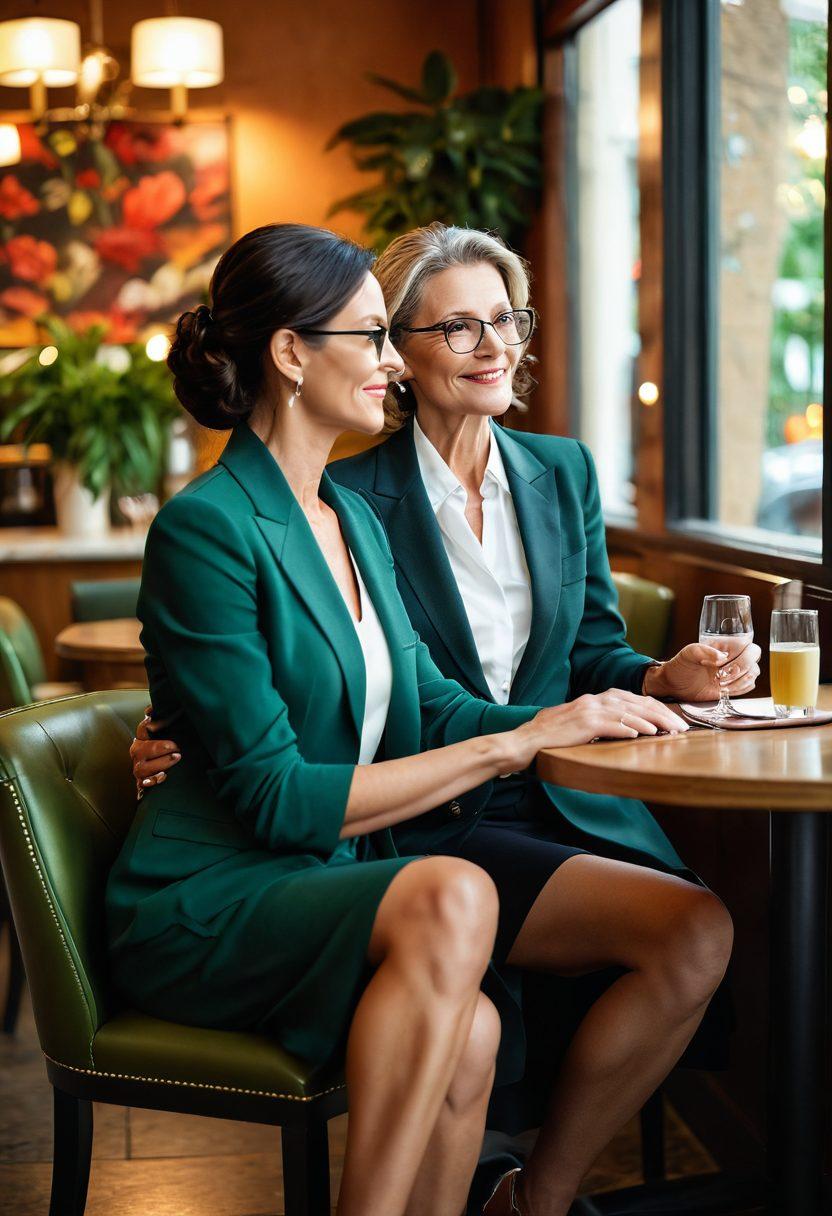 A captivating scene featuring a sophisticated, confident mature woman with an elegant demeanor, dressed in stylish attire, sitting in a modern café, engaged in a playful conversation with a younger companion. Surround them with soft, warm lighting and hints of lush greenery to evoke an inviting atmosphere. Include subtle elements like chic decor and wine glasses to emphasize sophistication and allure. painterly style. vibrant colors. warm tones.